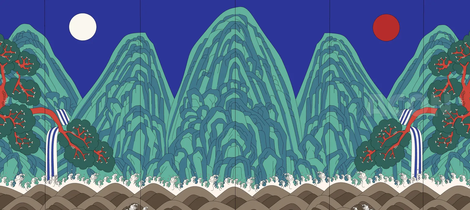 屏風-日月五峰図