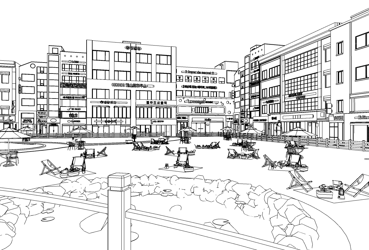 Tennis court & basketball court & small stage & fountain park the