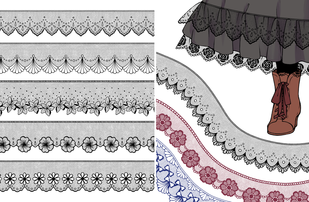 レース素材とブラシ 各20種