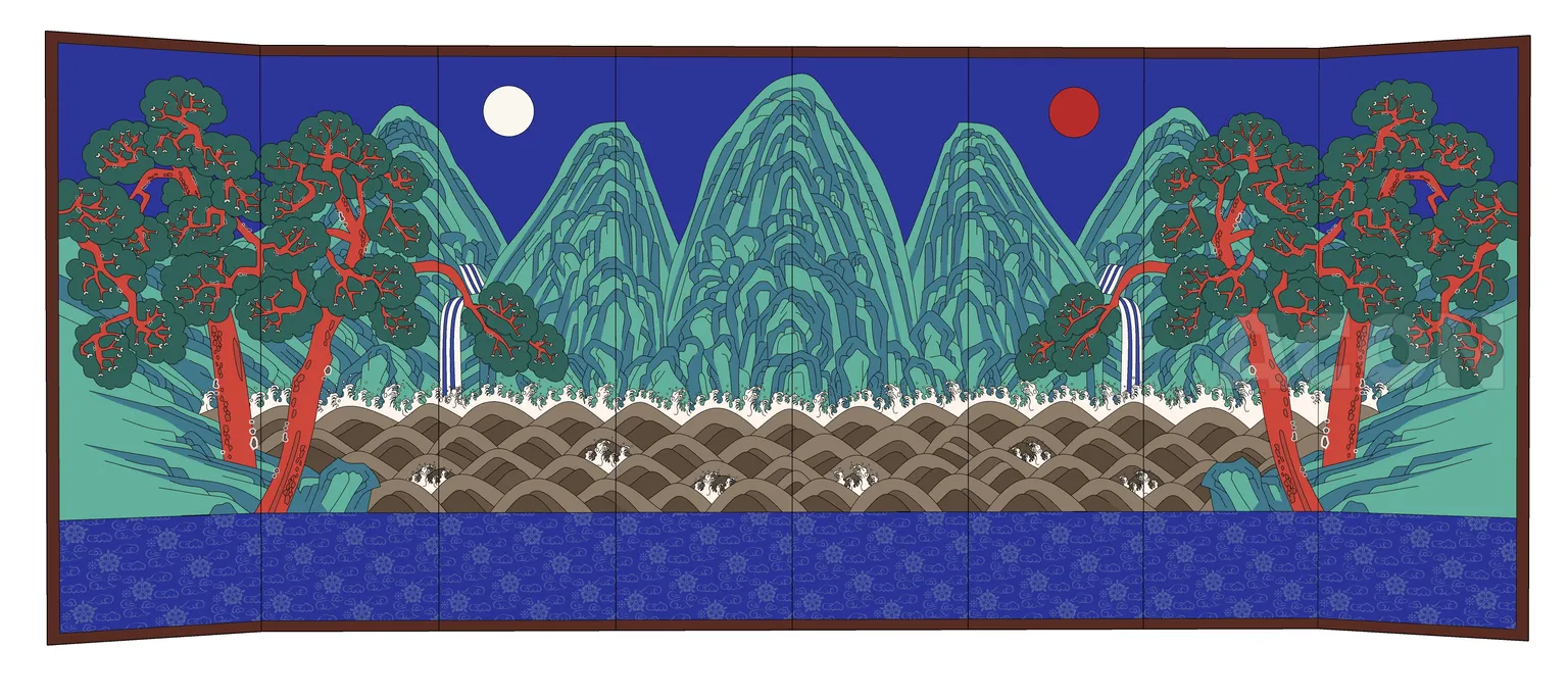 屏風-日月五峰図